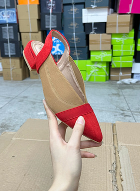 外贸原单shoes女鞋偏瘦尖头时尚拼色浅口粗跟一脚蹬单鞋包头凉鞋