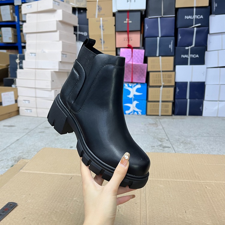 外贸原单女靴圆头厚底粗跟套筒松紧口气质时尚纯色百搭短靴