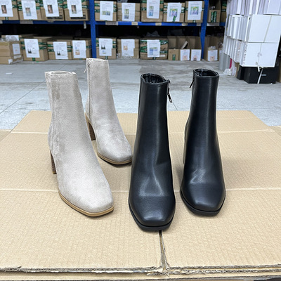 外贸原单时尚百搭切尔西侧拉链豹纹方头粗跟高跟瘦瘦短靴女鞋