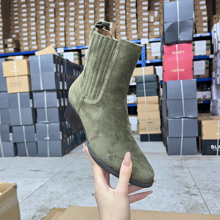 外贸原单尖头粗跟短靴里外全真皮简约时尚新款舒适休闲百搭一脚蹬