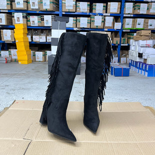 尖头纯色粗跟流苏套筒时装 时尚 长靴 Shoes外贸原单女靴新款 Lady