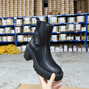 Lady 圆头纯色粗高跟防水台套筒短靴烟筒靴 Shoes外贸原单女靴时尚