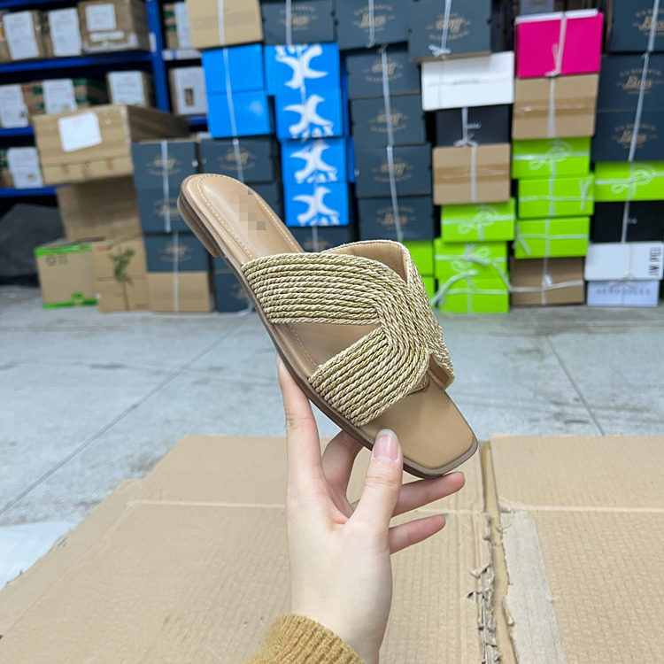外贸原单女鞋新款方头编织平底简约时尚百搭休闲舒适外穿凉拖鞋