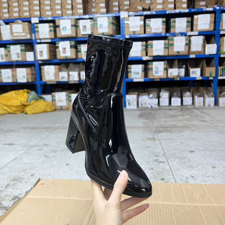 Lady Shoes外贸原单女靴新款时尚尖头纯色粗高跟时尚短靴瘦瘦靴