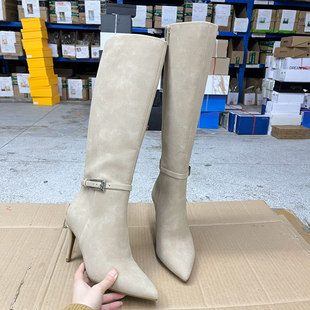 长靴 尖头纯色细高跟皮带扣侧拉链时装 Lady Shoes外贸原单女靴时尚