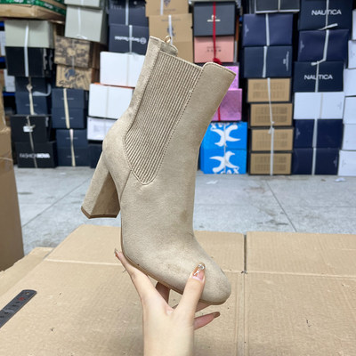 小圆头粗跟高跟纯色显瘦套筒短靴