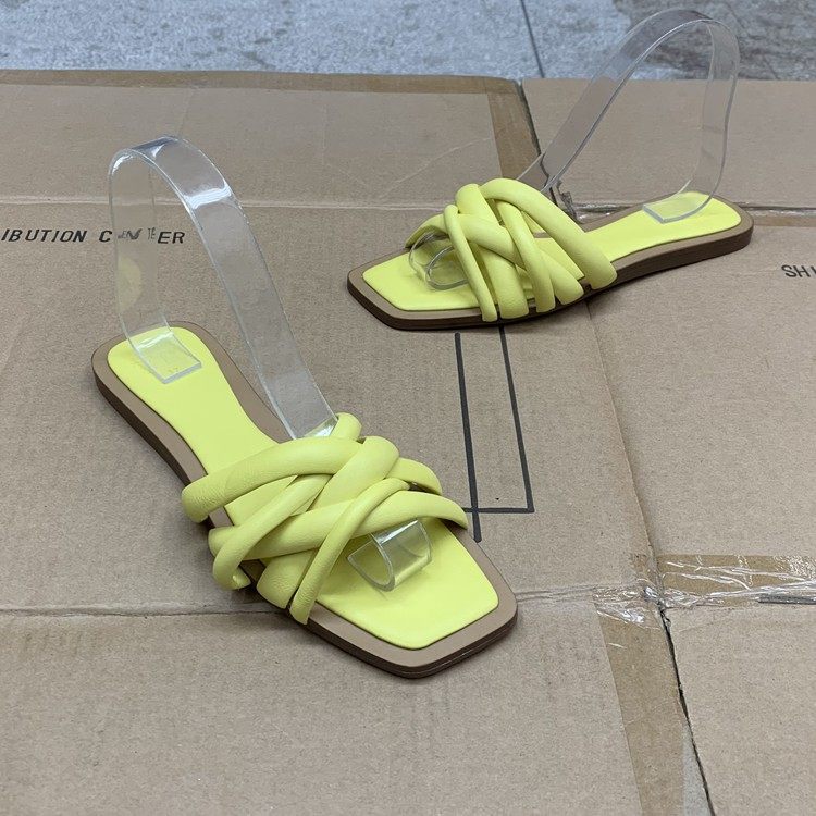 外贸原单外穿平底编织欧美风一字头时尚方头沙滩鞋休闲居家旅游女