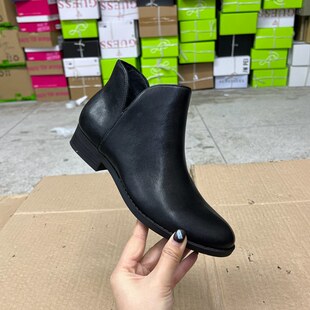 外贸原单女鞋圆头纯色粗跟侧拉链浅口短靴时尚百搭及踝靴时装靴