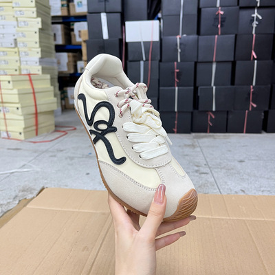 圆头拼色系带平底休闲鞋德训鞋