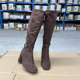 长靴 方头纯色粗跟拉链皮带扣时装 Lady Shoes外贸原单女靴微瑕时尚