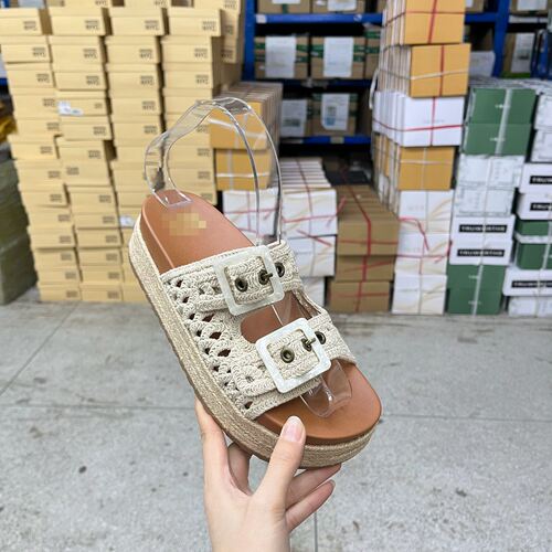 圆头纯色厚底皮带扣编织面拖鞋