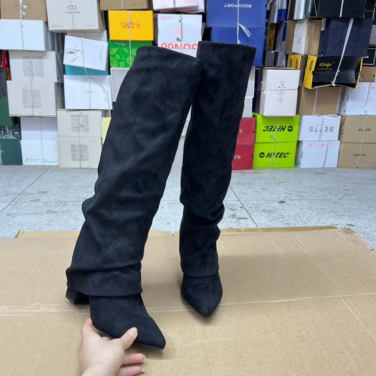 尖头纯色粗跟套筒时装长靴裤靴