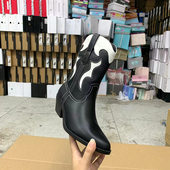 尖头复古刺绣工装 外贸原单新款 时尚 西部中筒靴纯色粗跟侧拉链短靴