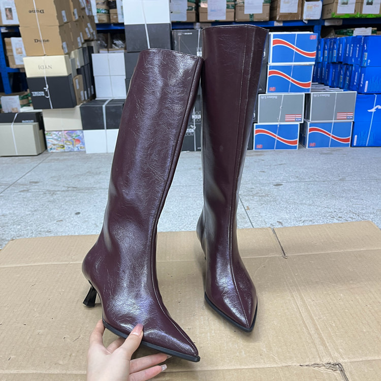 外贸原单女靴真皮新款时尚气质尖头纯色细跟套筒长靴美拉德中筒靴