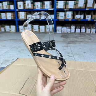 Lady Shoes外贸原单圆头夹趾皮带扣铆钉拖鞋微瑕简约时尚新款熟悉