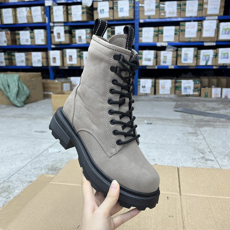 外贸原单女靴厚底圆头系带纯色侧拉链休闲时尚短靴内里加绒马丁靴