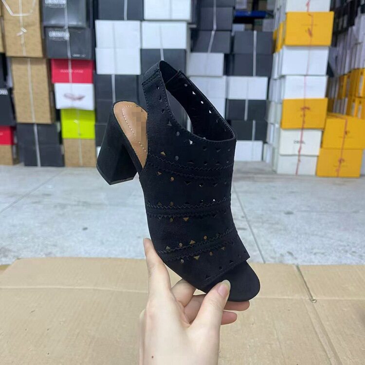 Lady Shoes 外贸原单女鞋时尚圆头纯色鱼嘴粗高跟镂空时装凉鞋