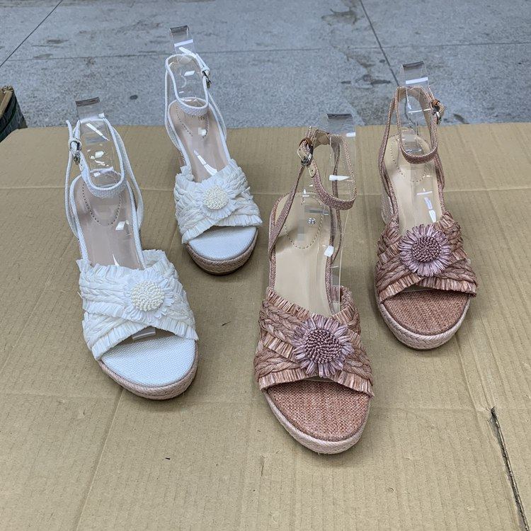 外贸原单女鞋拉菲草圆头厚底一字扣编织仙女风凉鞋