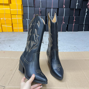 外贸原单尖头粗跟刺绣中筒靴简约时尚 舒适百搭日常外穿女靴子 新款