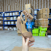 外贸原单方头编织坡跟凉鞋 高跟露趾一字扣带百搭女鞋 简约时尚 新款