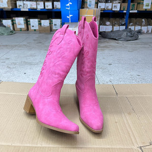 Lady Shoes外贸原单女靴时尚尖头纯色复古百搭粗跟套筒时装中筒靴