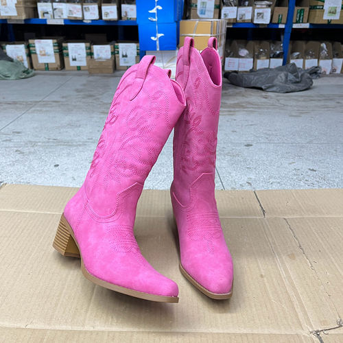 尖头纯色复古粗跟套筒时装中筒靴