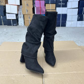 堆堆靴 裙靴时尚 外贸原单女靴新款 尖头纯色粗高跟绒面长筒靴裤