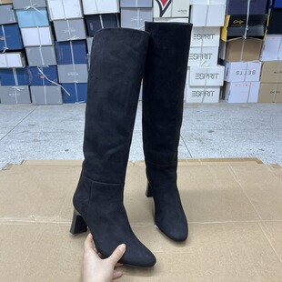 外贸原单出口女靴时尚纯色新款圆头扁头粗跟内里真皮套筒时装长靴