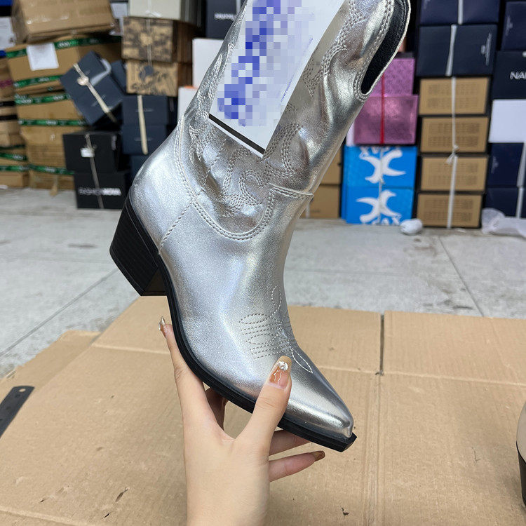 外贸原单秋季欧美时尚百搭新款西部牛仔尖头粗跟短靴户外骑士靴