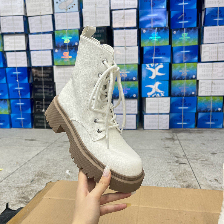 新款圆头厚底系带短靴简约时尚粗跟马丁靴休闲百搭个性女靴侧拉链