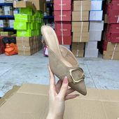 百搭细跟包头半拖鞋 外贸原单工厂优惠女鞋 尖头纯色金属扣浅口时尚