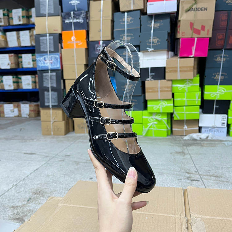 外贸原单新款玛丽珍女鞋法式复古纯色圆头粗高跟时尚三扣带单鞋