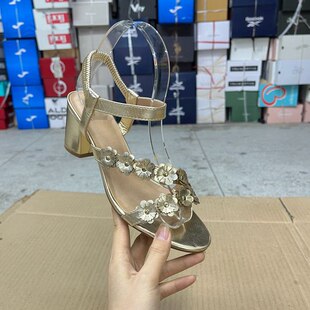 凉鞋 Lady 圆头纯色花朵粗跟松紧时装 微瑕时尚 Shoes外贸原单女鞋