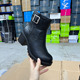 外贸原单女鞋 时尚 shoes工厂尾货圆头纯色粗高跟皮带扣一字扣短靴