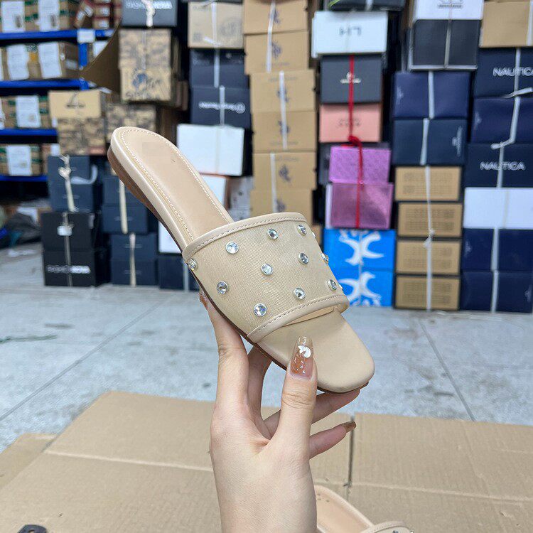 外贸原单方头平底拖鞋网面舒适透气一字拖时尚外穿圆头露趾新款