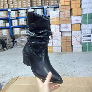 舒适百搭女靴 新款 Lady Shoes外贸原单尖头粗跟堆堆短靴简约时尚
