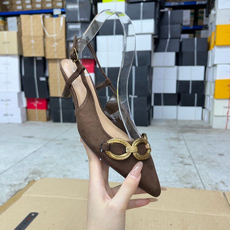 Lady Shoes 外贸原单女鞋尖头纯色金属扣细跟一字扣时装单鞋凉鞋