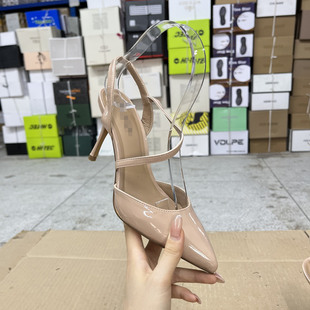 Lady Shoes外贸原单女鞋微瑕尖头纯色浅口细高跟一字扣凉鞋单鞋
