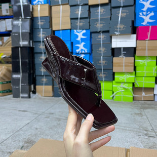 涼鞋 里外全真皮偏瘦方頭夾趾坡跟外穿夾趾拖鞋 外貿原單shoes女鞋