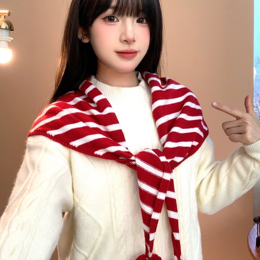 红色条纹球球三角围巾女秋冬季2025新款韩系保暖百搭披肩围脖坎肩