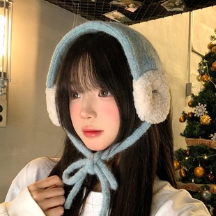 韩系针织蓝色系带耳罩女秋冬保暖防寒护耳耳套耳捂子2025新款