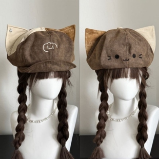正反两戴拼色可爱猫耳贝雷帽子女款秋冬百搭显脸小文艺八角画家帽