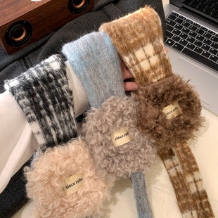 韩系ins复古格纹毛绒拼接耳罩女秋冬季保暖绑带防冻耳暖耳捂子潮