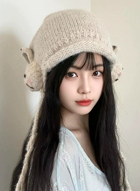 日系手工钩织兔子流苏针织帽子女