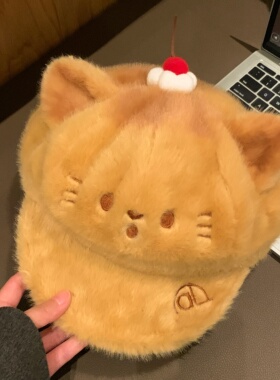 可爱卡通炭烤猫咪毛绒帽子女秋冬