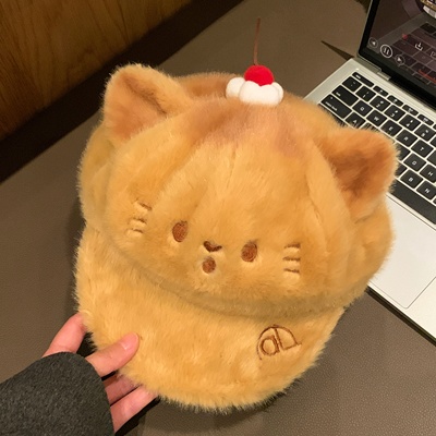 可爱卡通炭烤猫咪毛绒帽子女秋冬