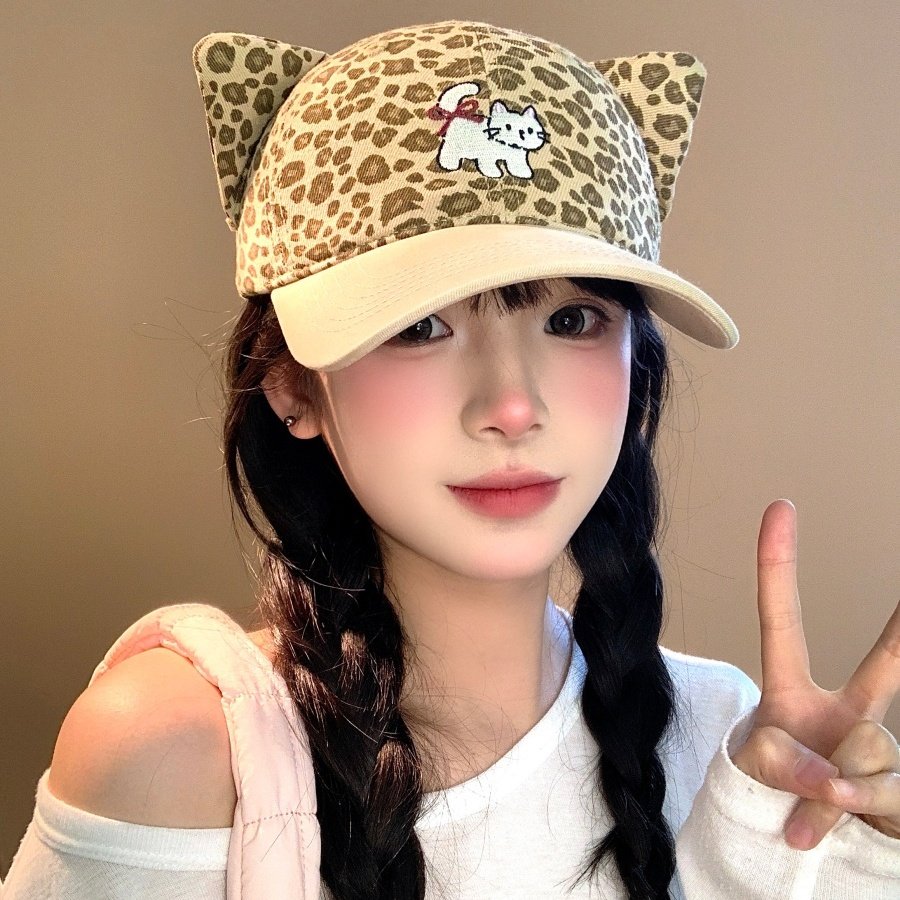 甜美可爱豹纹刺绣猫耳朵棒球帽子女2026新款百搭显脸小宽檐鸭舌帽,服饰配件/皮带/帽子/围巾,帽子,淘宝优惠券,粉丝福利购,淘宝优惠卷