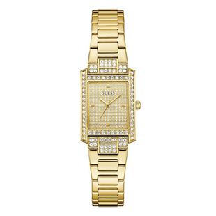 代购 GUESS女士腕表防水指针夜光日期金色钢带矩形镶钻商务送礼