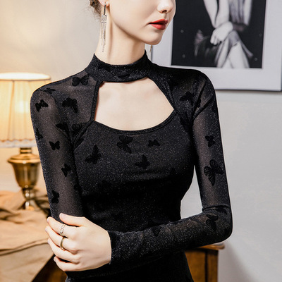 亮丝立领蝴蝶植绒网纱打底衫女性感镂空2024秋冬新款女装内搭