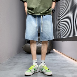 休闲百搭五分裤 牛仔短裤 潮牌直筒宽松牛仔中裤 薄款 水洗 男浅色夏季